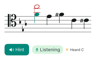 ClefMastery in-app screenshot showing notation with Hint and Listening controls