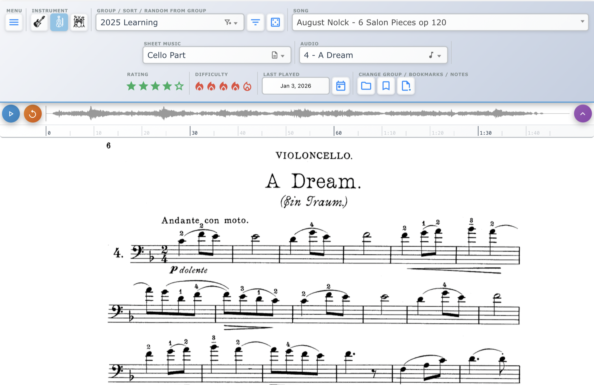 RiffReader screenshot showing waveform playback and sheet music